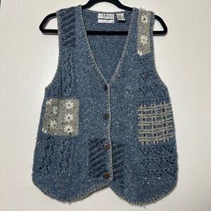 Vintage 90's/y2k blue Patchwork Daisy V-Neck Button Vest